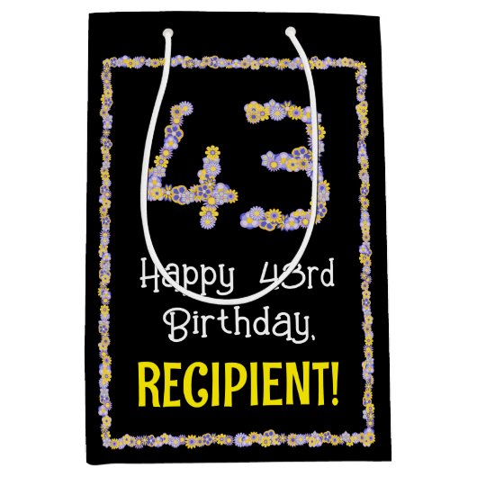 43e verjaardag: Floral Flowers Number, Custom Name Medium Cadeauzakje (Voorkant)
