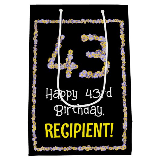 43e verjaardag: Floral Flowers Number, Custom Name Medium Cadeauzakje (Achterkant)
