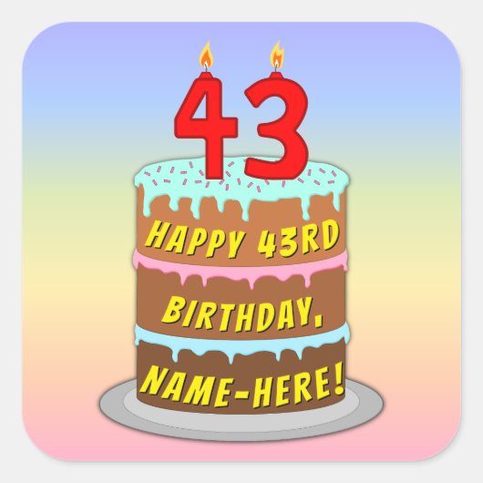 43e verjaardag: Fun Cake and Candles + Custom Name Vierkante Sticker (Voorkant)