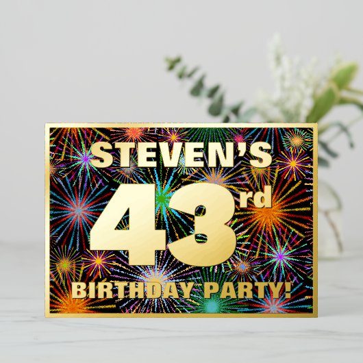 43e verjaardag — Fun, kleurrijke Fireworks-look Folie Uitnodiging (Staand Voorkant)