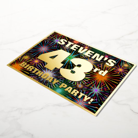 43e verjaardag — Fun, kleurrijke Fireworks-look Folie Uitnodiging (Gedraaid)