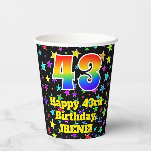 43e verjaardag: Fun Stars Pattern en Rainbow 43 Papieren Bekers (Achterkant)