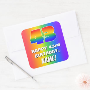 43e verjaardag: kleurrijk, vun regenboogpatroon #  vierkante sticker
