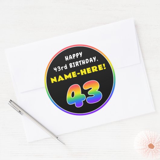 43e verjaardag: kleurrijke regenboog # 43, Naam va Ronde Sticker (Envelop)