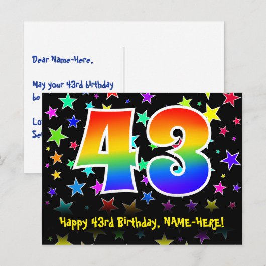 43e verjaardag: leuk sterrenpatroon, regenboog 43, briefkaart (Voorkant / Achterkant)