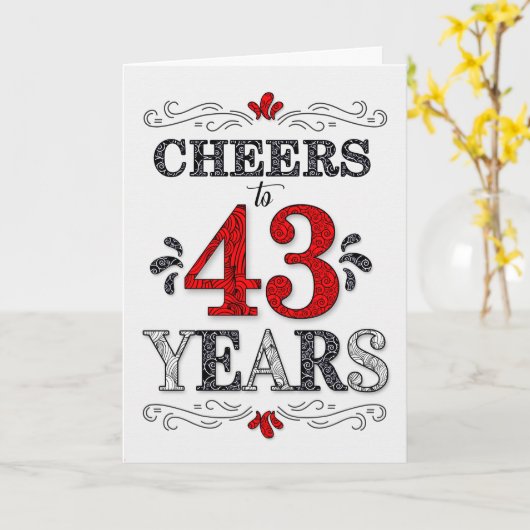 43e verjaardag Proost in rood wit zwart patroon Kaart (Gele Bloem)