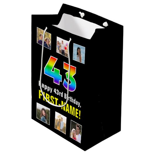 43e verjaardag: Regenboog "43", aangepaste foto's  Medium Cadeauzakje (Voorkant Gekanteld)