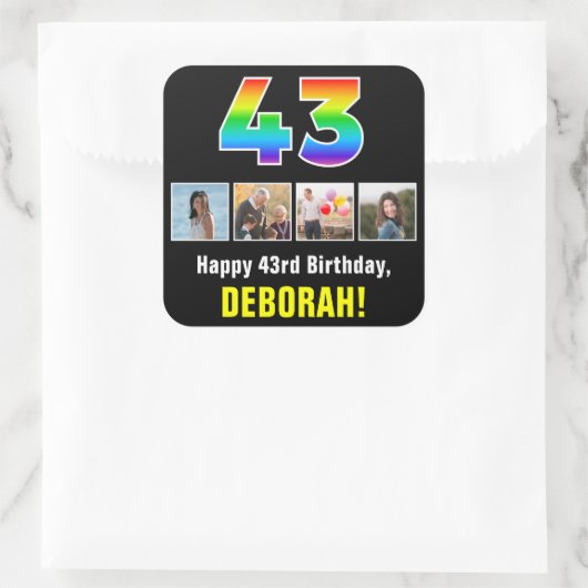 43e verjaardag: Regenboog "43"; Aangepaste foto's  Vierkante Sticker (Tas)