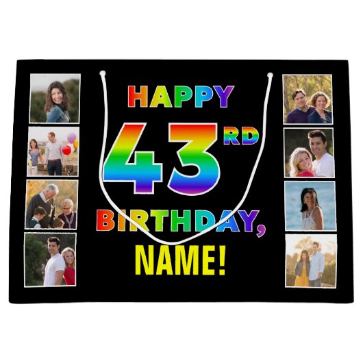 43e verjaardag: regenboogtekst, aangepaste foto's  groot cadeauzakje (Voorkant)