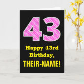 43e verjaardag: roze strepen en harten "43" + naam kaart (Gele Bloem)