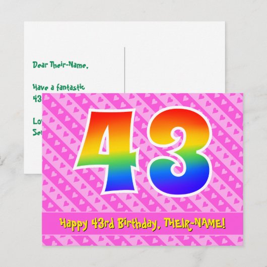 43e verjaardag: roze strepen & harten, regenboog 4 briefkaart (Voorkant / Achterkant)