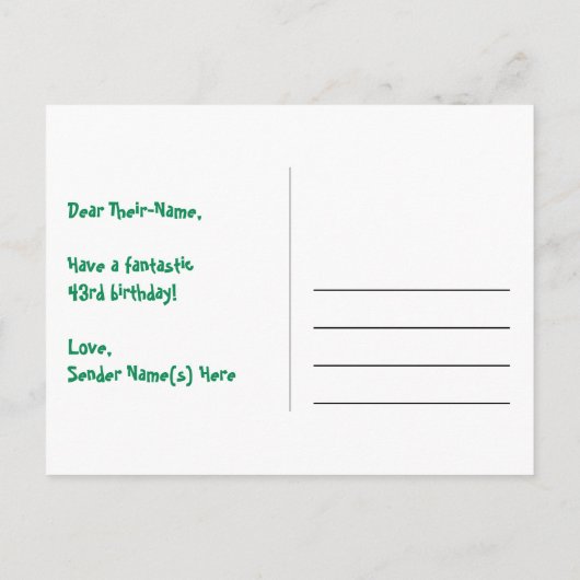 43e verjaardag: roze strepen & harten, regenboog 4 briefkaart (Achterkant)