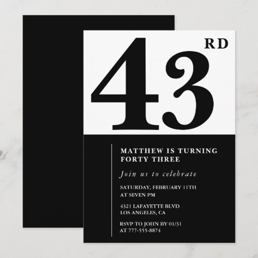 43e verjaardag uitnodigingen Zwart en Wit Elegant (Voorkant / Achterkant)