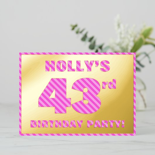43e verjaardag — Vet, vun, roze band # 43 Folie Uitnodiging (Staand Voorkant)