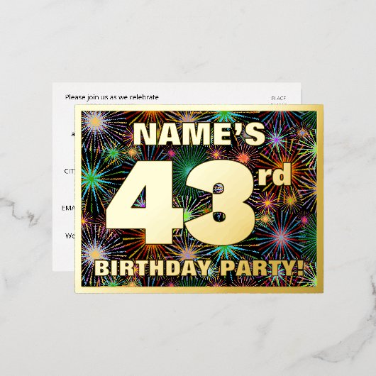 43e verjaardag: Vette, kleurrijke Fireworks-look Folie Uitnodiging Briefkaart (Voorkant / Achterkant)