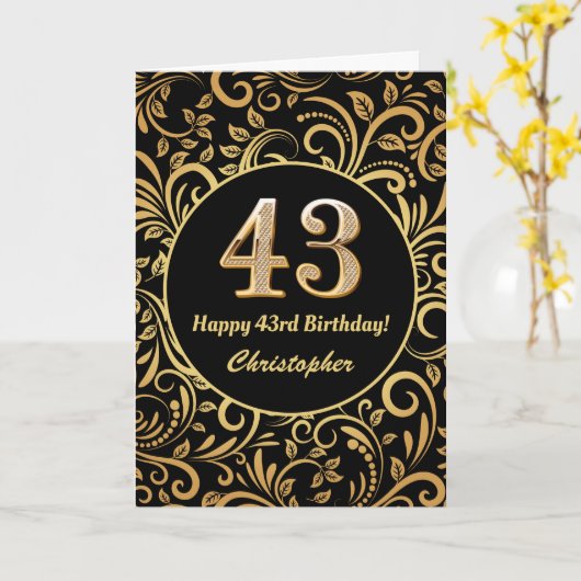 43rd Birthday Black en Gold Floral Pattern Kaart (Gele Bloem)