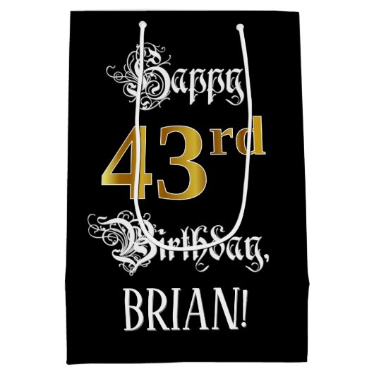 43rd Birthday ~ Fancy Script; Faux Gold Look; Name Medium Cadeauzakje (Achterkant)