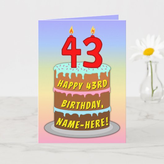 43rd Birthday — Fun Cake & Candles, w/ Custom Name Kaart (Kleine Plant)