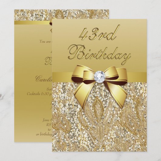 43rd Birthday Gold Faux Sequins and Bow Kaart (Voorkant / Achterkant)