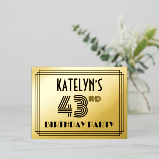 43rd Birthday Party ~ Art Deco Style "43" + naam Folie Uitnodiging Briefkaart (Staand Voorkant)