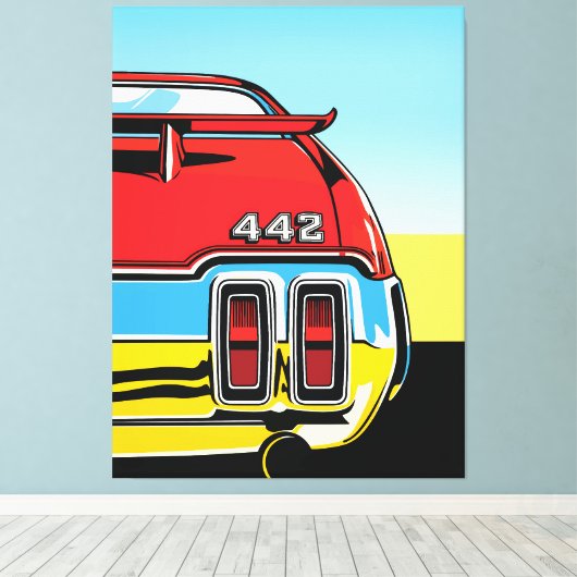 442 Muscle Car Achtervleugel Pop Art Retro Print (Insitu (Houten vloer))
