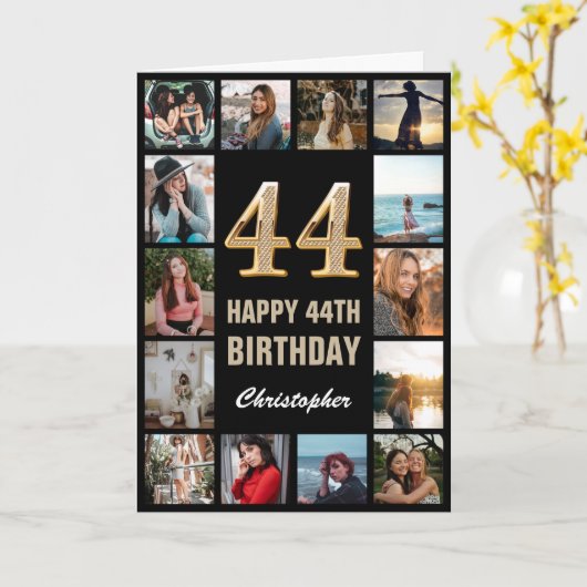 44e Happy Birthday Black en Gold Photo Collage Kaart (Gele Bloem)