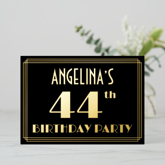 44e verjaardag: Art Deco Kijk "44", met naam Folie Uitnodiging (Staand Voorkant)
