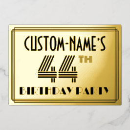44e verjaardag — Art Deco Style "44" en naam Folie Uitnodiging