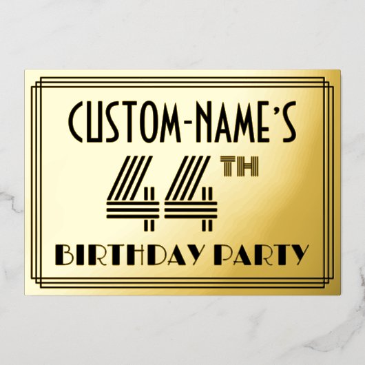 44e verjaardag — Art Deco Style "44" en naam Folie Uitnodiging (Voorkant)