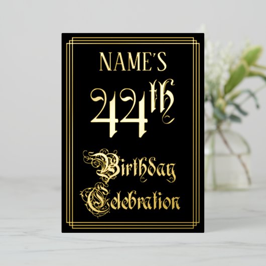44e verjaardag — Fancy script en aangepaste naam Folie Uitnodiging (Staand Voorkant)