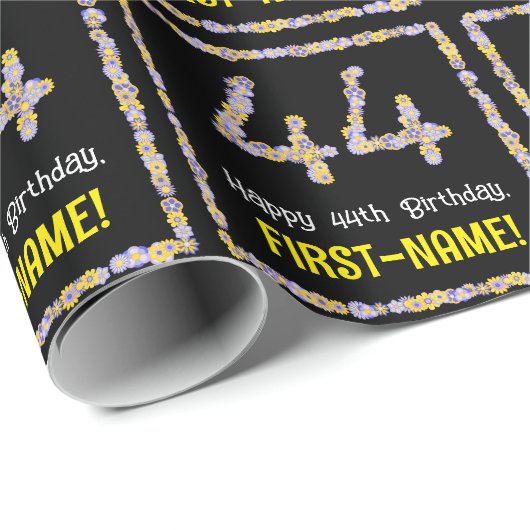44e verjaardag: Floral Flowers Number, Custom Name Cadeaupapier (Rol Hoek)