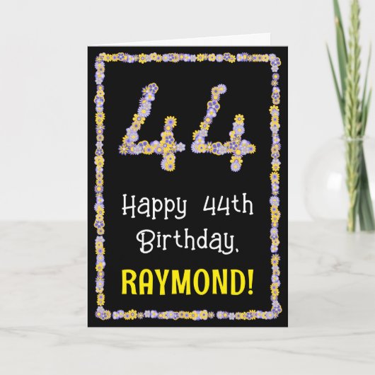 44e verjaardag: Floral Flowers Number, Custom Name Kaart (Voorkant)