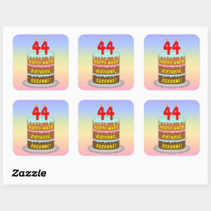 44e verjaardag: Fun Cake and Candles + Custom Name Vierkante Sticker