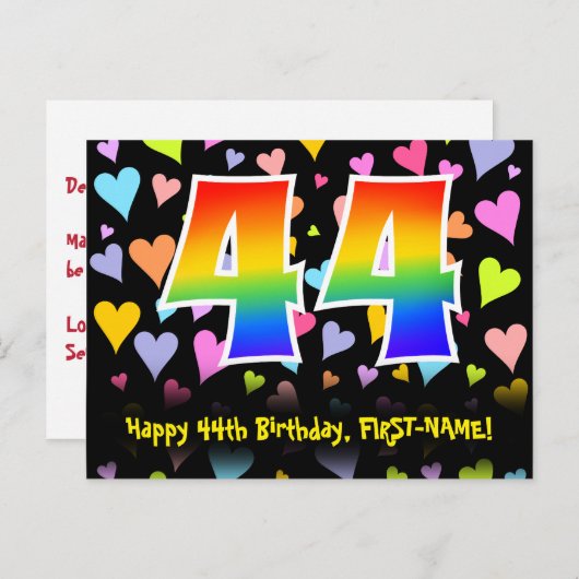 44e verjaardag: Fun Hearts Pattern, Rainbow 44 Briefkaart (Voorkant / Achterkant)