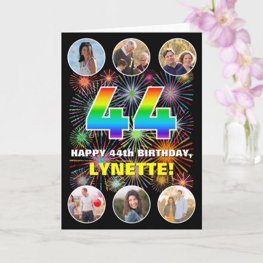 44e verjaardag: Fun Rainbow #, aangepaste naam & f Kaart (Orchidee)