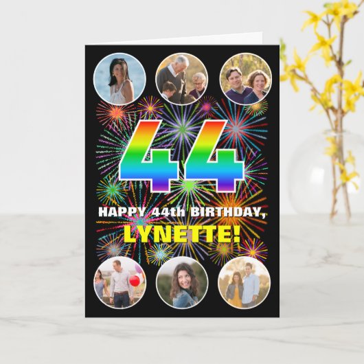 44e verjaardag: Fun Rainbow #, aangepaste naam & f Kaart (Gele Bloem)