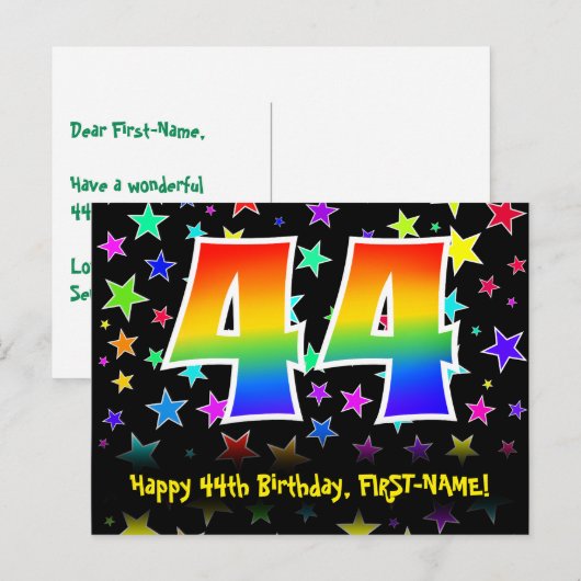 44e verjaardag: Fun Stars Pattern, Rainbow 44, Naa Briefkaart (Voorkant / Achterkant)
