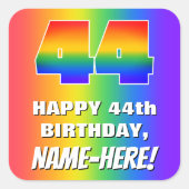 44e verjaardag: kleurrijk, vun regenboogpatroon #  vierkante sticker (Voorkant)