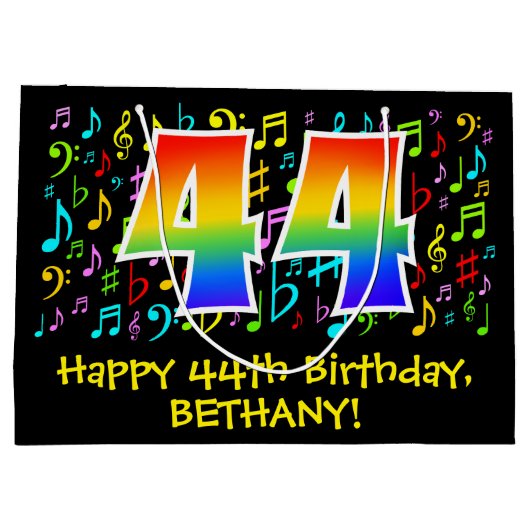 44e verjaardag - Kleurrijke muzieksymbolen, Rainbo Groot Cadeauzakje (Achterkant)