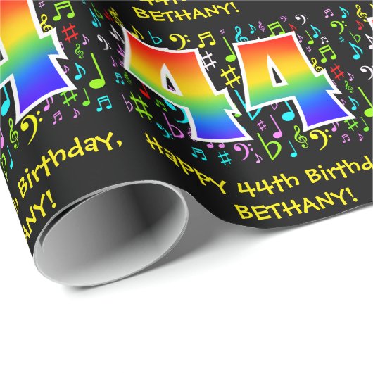 44e verjaardag: kleurrijke muzieksymbolen, regenbo cadeaupapier (Rol Hoek)