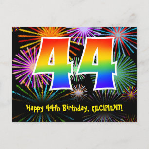 44e verjaardag – leuk vuurwerkpatroon + regenboog  briefkaart