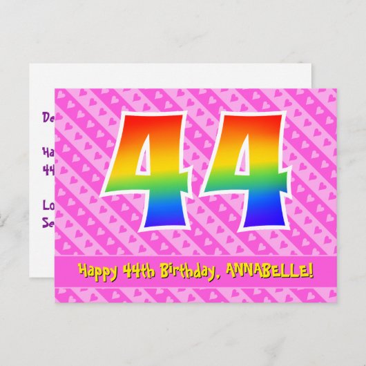 44e verjaardag: roze strepen en harten, regenboog briefkaart (Voorkant / Achterkant)