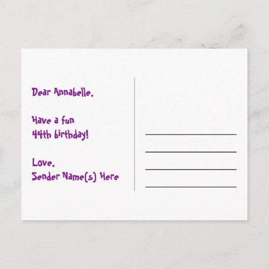 44e verjaardag: roze strepen en harten, regenboog  briefkaart (Achterkant)