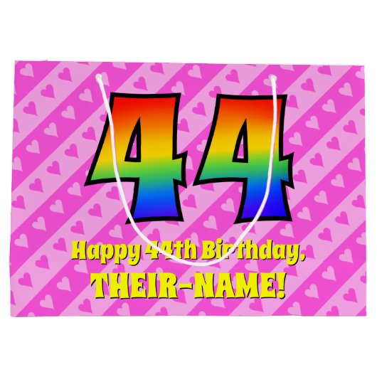 44e verjaardag: roze strips & harten, regenboognr. groot cadeauzakje (Achterkant)