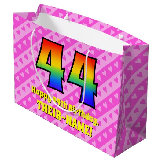 44e verjaardag: roze strips & harten, regenboognr. groot cadeauzakje (Achterkant Gekanteld)