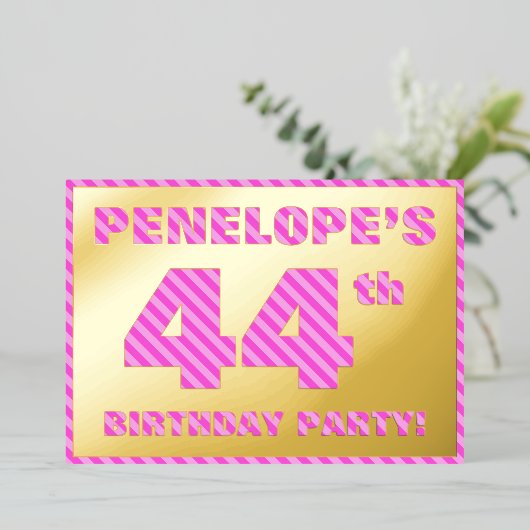 44e verjaardag — Vet, vun, roze band # 44 Folie Uitnodiging (Staand Voorkant)