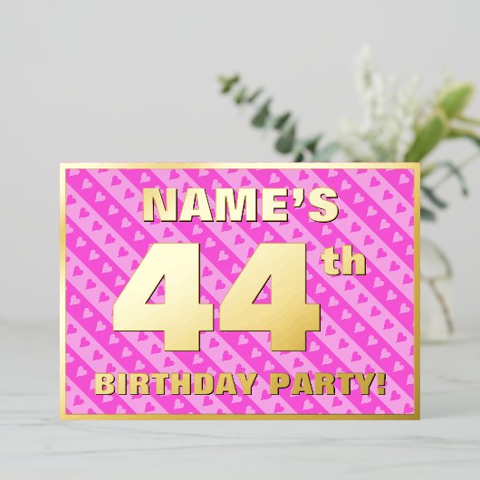 44e verjaardag — vuurroze harten en strips folie uitnodiging (Staand Voorkant)