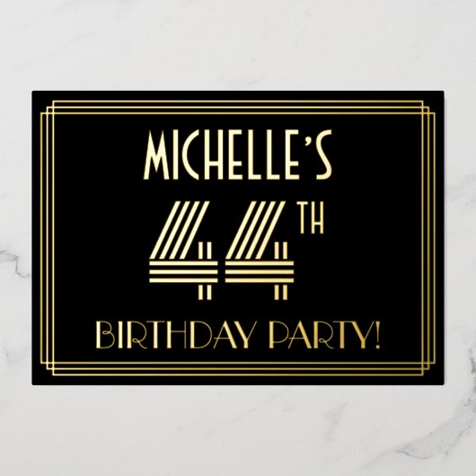 44e Verjaardagsfeest — Art Deco Stijl “44” + Naam Folie Uitnodiging (Voorkant)