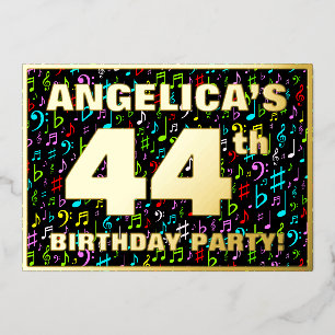 44e Verjaardagsfeest — Leuke, Kleurrijke Muzieksym Folie Uitnodiging