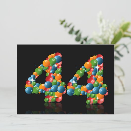 44e verjaardagsfeest, met bubbels en ballen kaart (Staand voorkant)